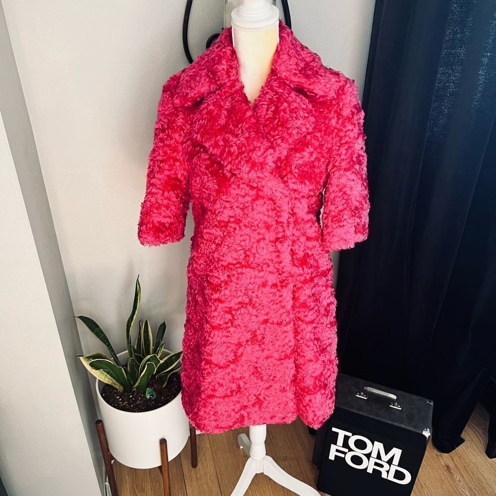 MOSCHINO COUTURE Long Faux Teddy Fur Jacket, Italian, FUCHSIA, Size 4, NWT